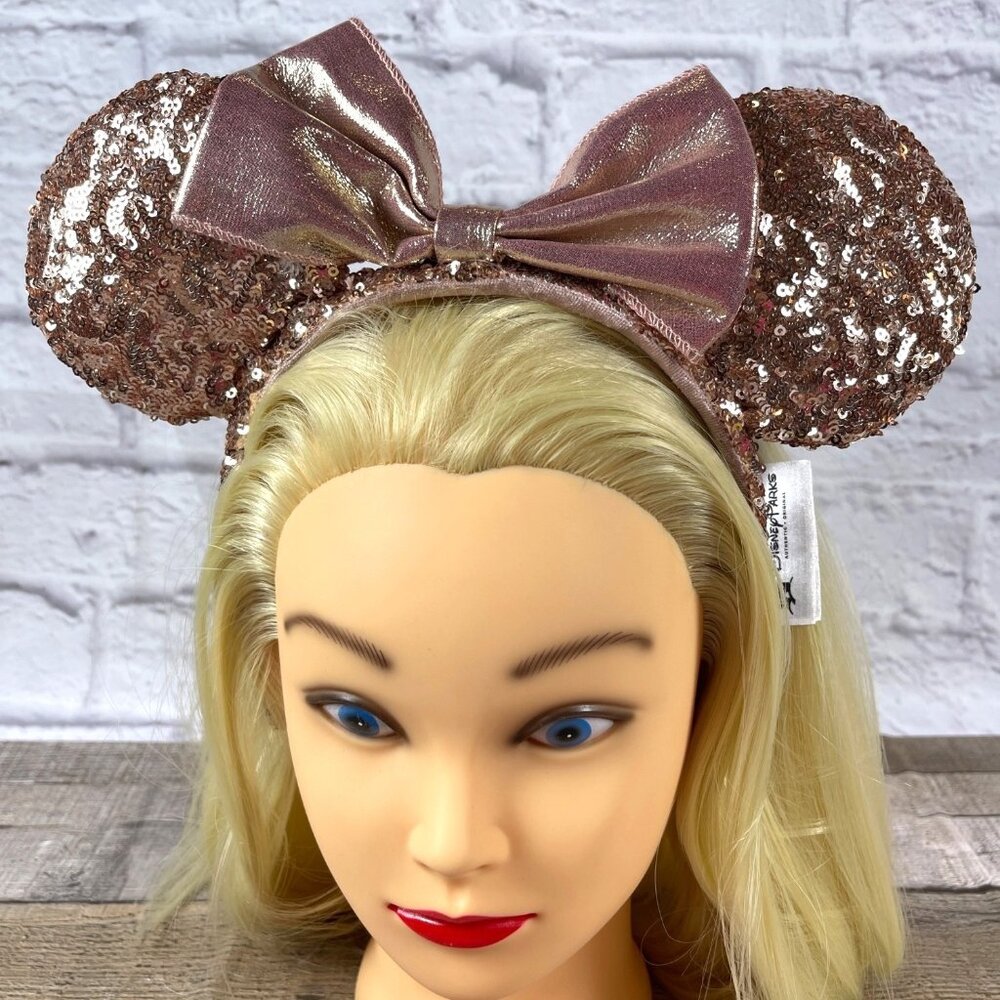 Rose Gold Walt Disney Parks Minnie Mickey Mouse Ears Headband Bow Pink Sequins - Picture 12 of 12